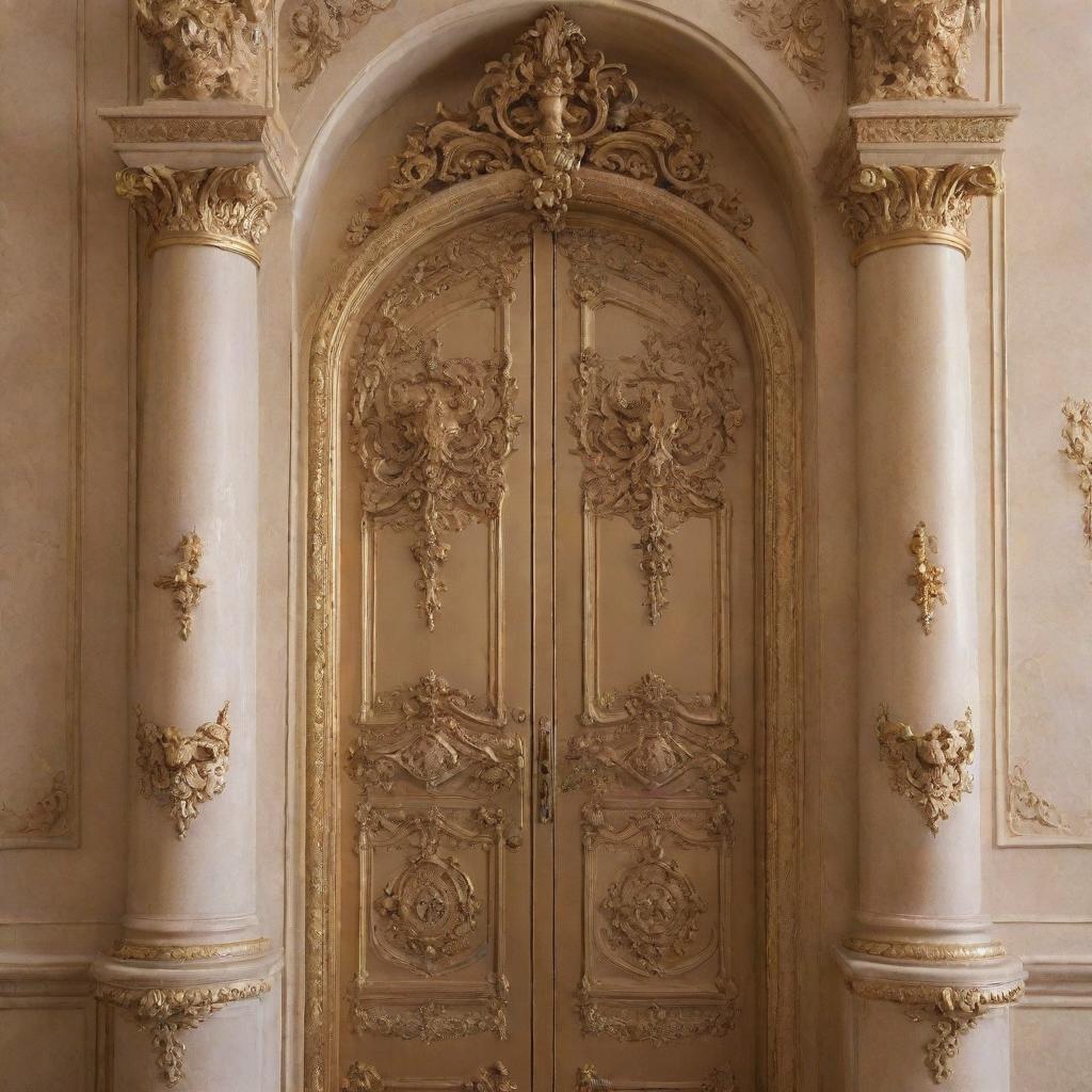 A grand, ornate door to a princess's room in a lavish castle inspired by the live-action version of 'Beauty and the Beast', highlighted with elegant gold details, designed to be easily replicated in a real-life painting.