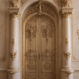 A grand, ornate door to a princess's room in a lavish castle inspired by the live-action version of 'Beauty and the Beast', highlighted with elegant gold details, designed to be easily replicated in a real-life painting.