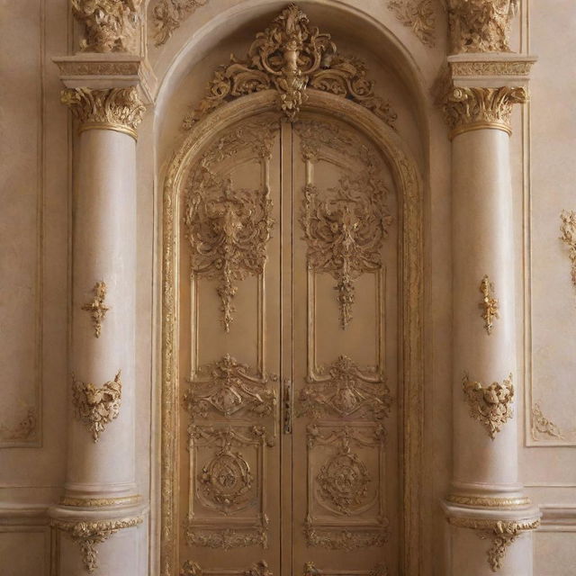 A grand, ornate door to a princess's room in a lavish castle inspired by the live-action version of 'Beauty and the Beast', highlighted with elegant gold details, designed to be easily replicated in a real-life painting.