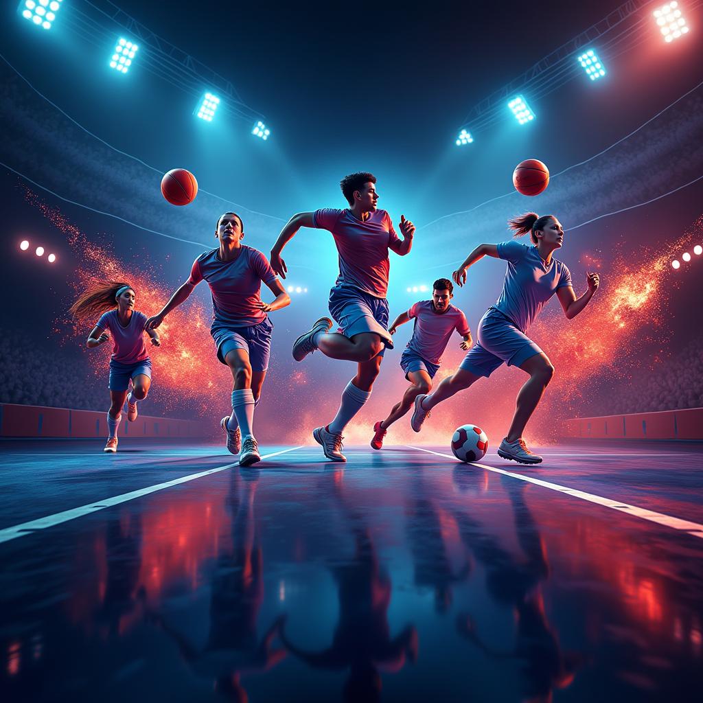 A professionally designed and beautiful channel art template for a sports broadcast, incorporating dynamic elements like action-packed moments from various sports such as football, basketball, and tennis