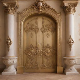 A grand, ornate door to a princess's room in a lavish castle inspired by the live-action version of 'Beauty and the Beast', highlighted with elegant gold details, designed to be easily replicated in a real-life painting.