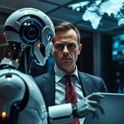 realistic portrait of a determined businessman negotiating with artificial intelligence represented by a futuristic robot and combatting disinformation symbolized by digital shadows