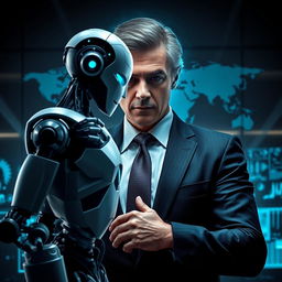 realistic portrait of a determined businessman negotiating with artificial intelligence represented by a futuristic robot and combatting disinformation symbolized by digital shadows