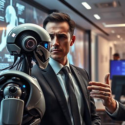 realistic portrait of a determined businessman negotiating with artificial intelligence represented by a futuristic robot and combatting disinformation symbolized by digital shadows