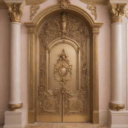 A grand, ornate door to a princess's room in a lavish castle inspired by the live-action version of 'Beauty and the Beast', highlighted with elegant gold details, designed to be easily replicated in a real-life painting.