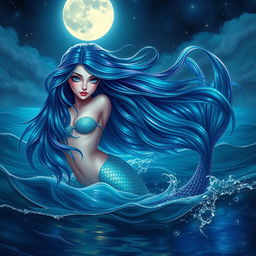 A mesmerizing mermaid siren emerging from the ocean, her long flowy hair shimmering with hues of blue, green, and purple