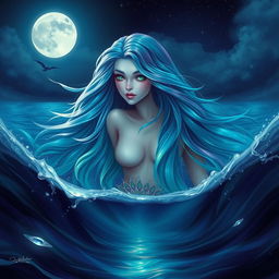 A mesmerizing mermaid siren emerging from the ocean, her long flowy hair shimmering with hues of blue, green, and purple