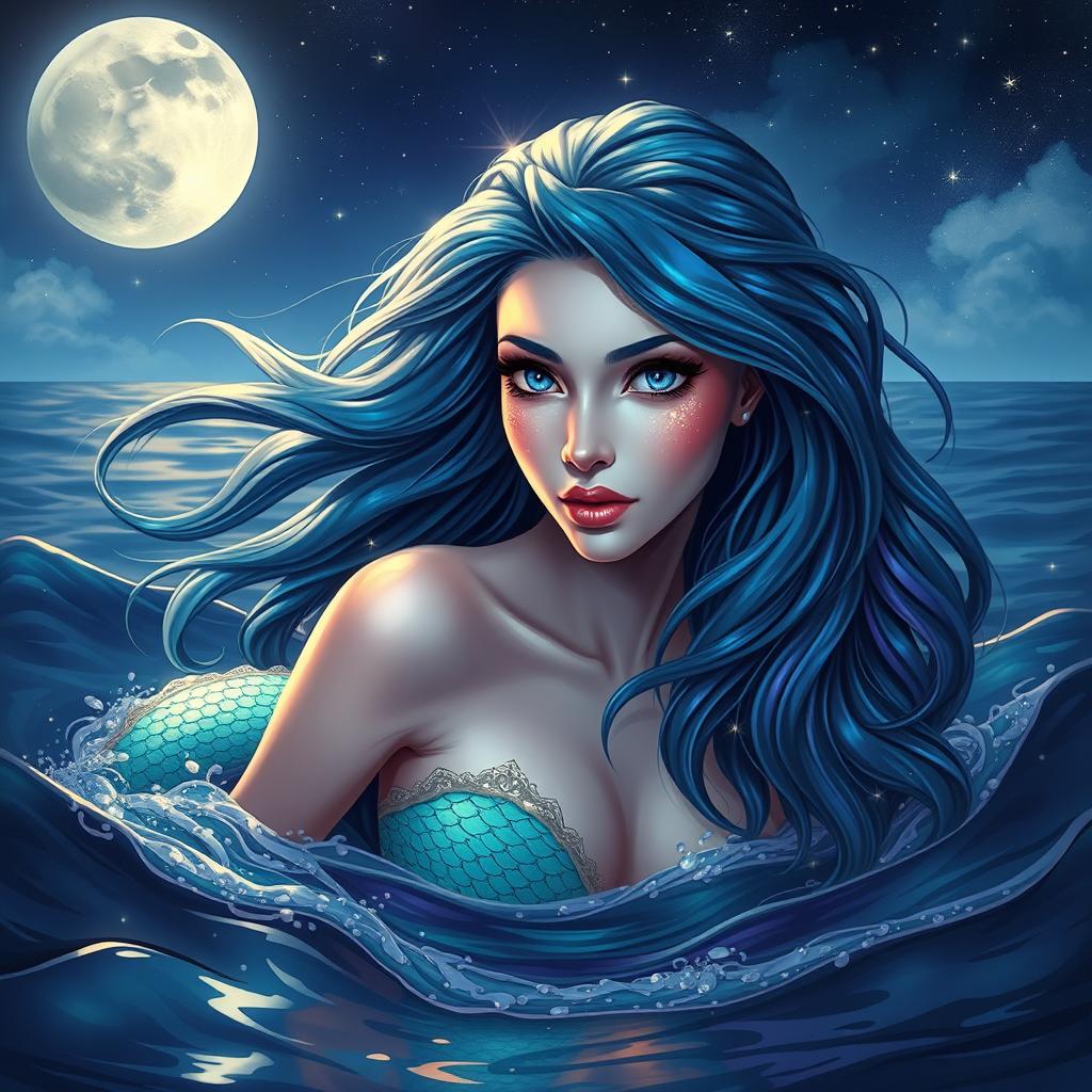 A mesmerizing mermaid siren emerging from the ocean, her long flowy hair shimmering with hues of blue, green, and purple