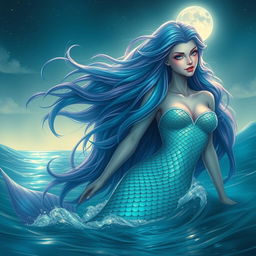 A mesmerizing mermaid siren emerging from the ocean, her long flowy hair shimmering with hues of blue, green, and purple