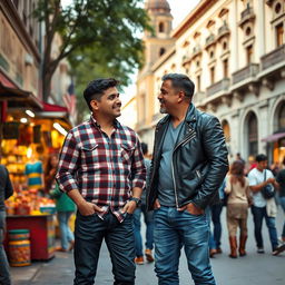 Two men standing in the bustling streets of Mexico City, surrounded by vibrant city life, with colorful street vendors and historic architecture in the background