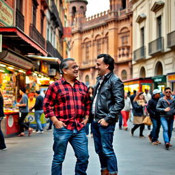 Two men standing in the bustling streets of Mexico City, surrounded by vibrant city life, with colorful street vendors and historic architecture in the background