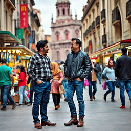 Two men standing in the bustling streets of Mexico City, surrounded by vibrant city life, with colorful street vendors and historic architecture in the background