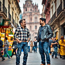 Two men standing in the bustling streets of Mexico City, surrounded by vibrant city life, with colorful street vendors and historic architecture in the background