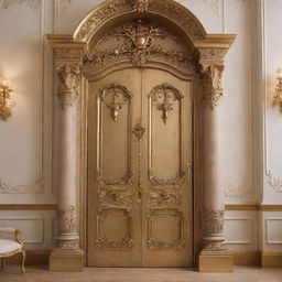 A grand, ornate door to a princess's room in a lavish castle inspired by the live-action version of 'Beauty and the Beast', highlighted with elegant gold details, designed to be easily replicated in a real-life painting.