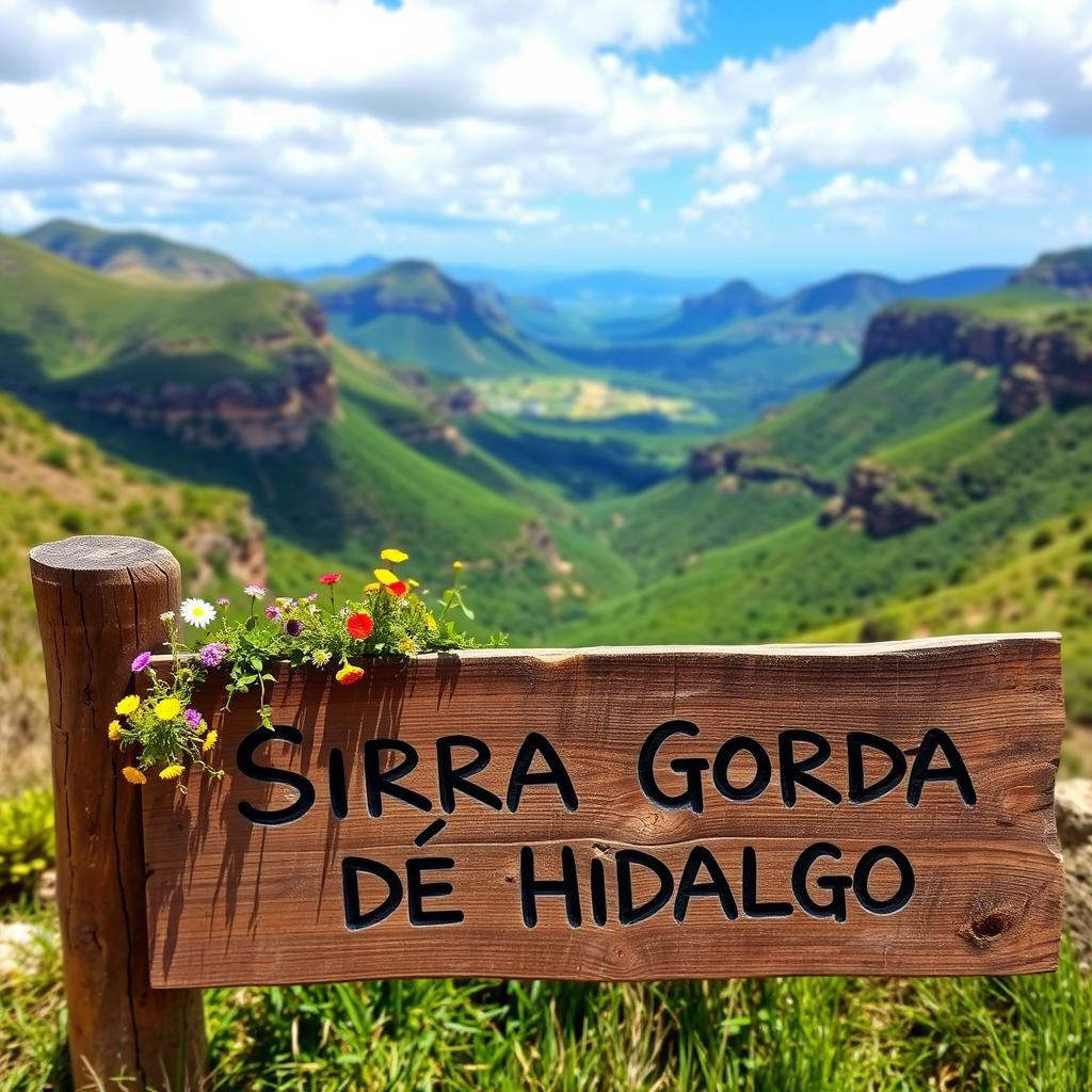 Scenic view of Sierra Gorda de Hidalgo with a rustic wooden sign in the foreground that reads 'Sierra Gorda de Hidalgo'