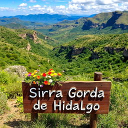 Scenic view of Sierra Gorda de Hidalgo with a rustic wooden sign in the foreground that reads 'Sierra Gorda de Hidalgo'