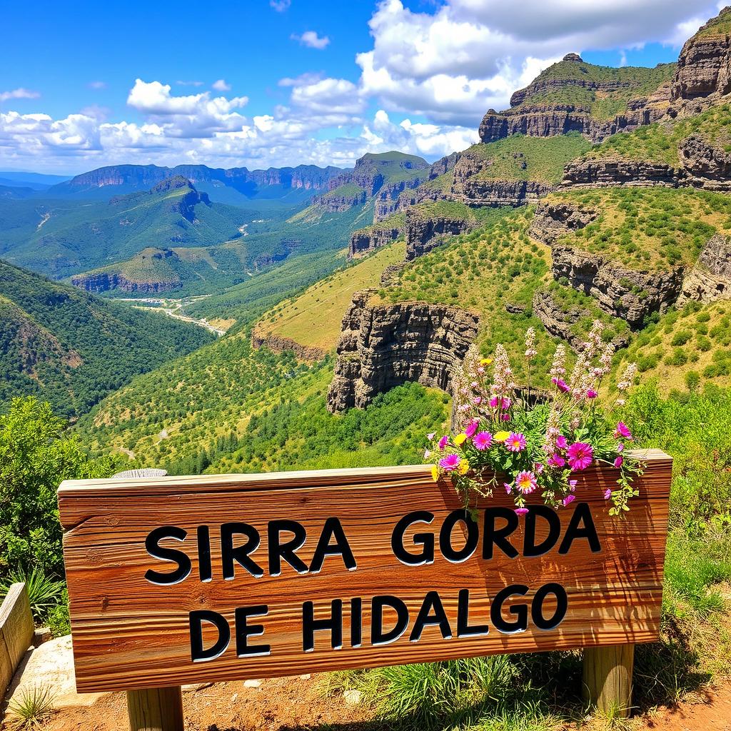 Scenic view of Sierra Gorda de Hidalgo with a rustic wooden sign in the foreground that reads 'Sierra Gorda de Hidalgo'