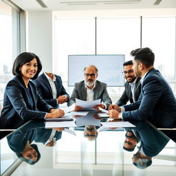 A group of diverse businesspeople, including a confident woman with short black hair wearing a navy suit, a middle-aged man with salt and pepper hair and glasses, and a young South Asian man in a smart casual outfit, sit around a modern glass conference table