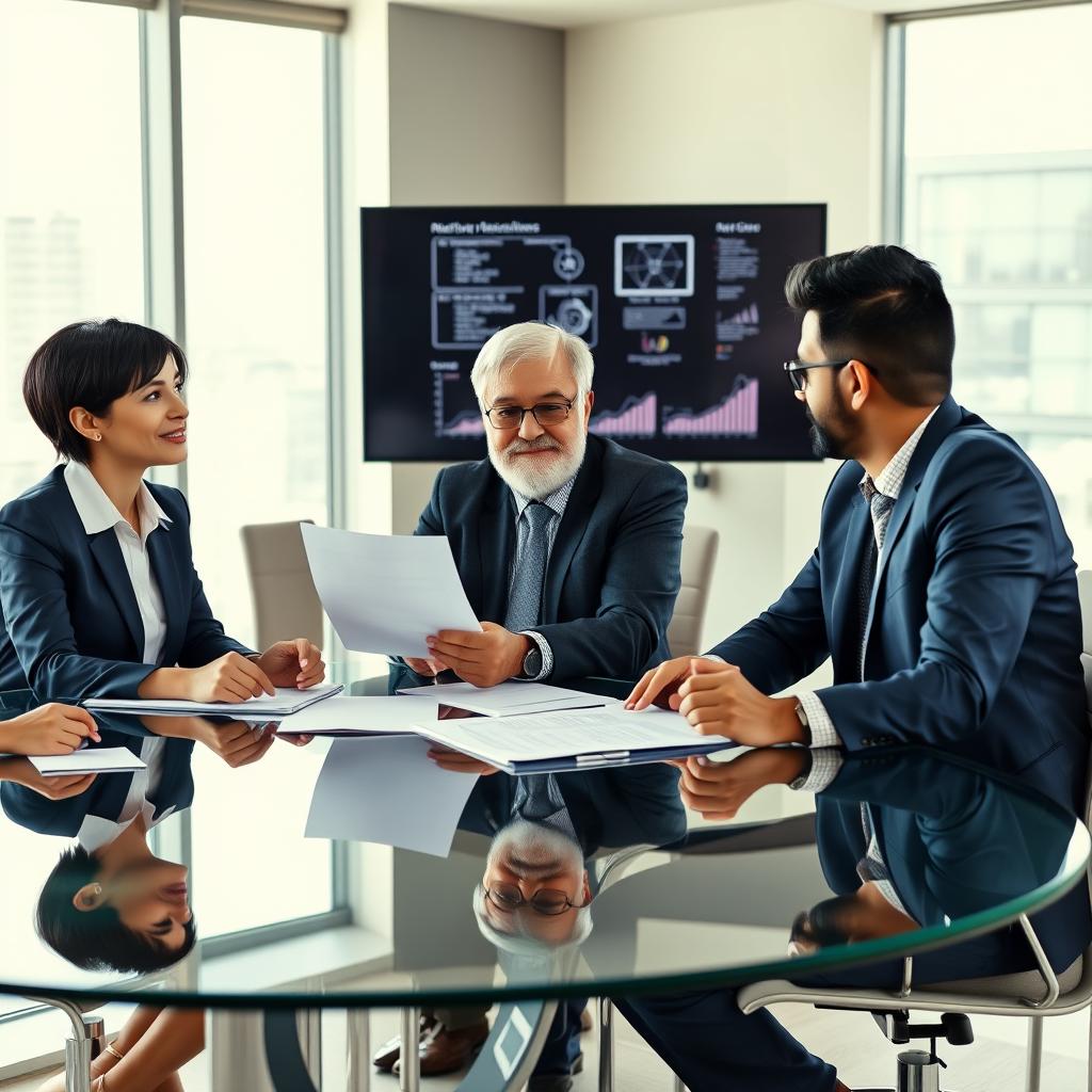 A group of diverse businesspeople, including a confident woman with short black hair wearing a navy suit, a middle-aged man with salt and pepper hair and glasses, and a young South Asian man in a smart casual outfit, sit around a modern glass conference table