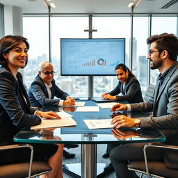 A group of diverse businesspeople, including a confident woman with short black hair wearing a navy suit, a middle-aged man with salt and pepper hair and glasses, and a young South Asian man in a smart casual outfit, sit around a modern glass conference table