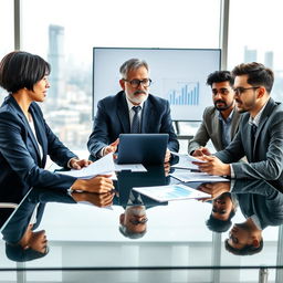 A group of diverse businesspeople, including a confident woman with short black hair wearing a navy suit, a middle-aged man with salt and pepper hair and glasses, and a young South Asian man in a smart casual outfit, sit around a modern glass conference table