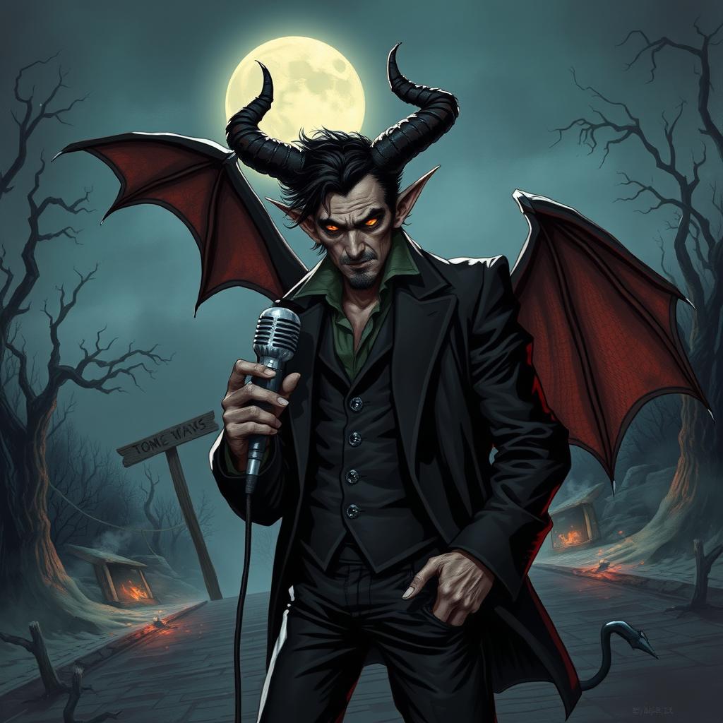 A captivating D&D illustration featuring a crossroads demon inspired by the enigmatic persona of Tom Waits