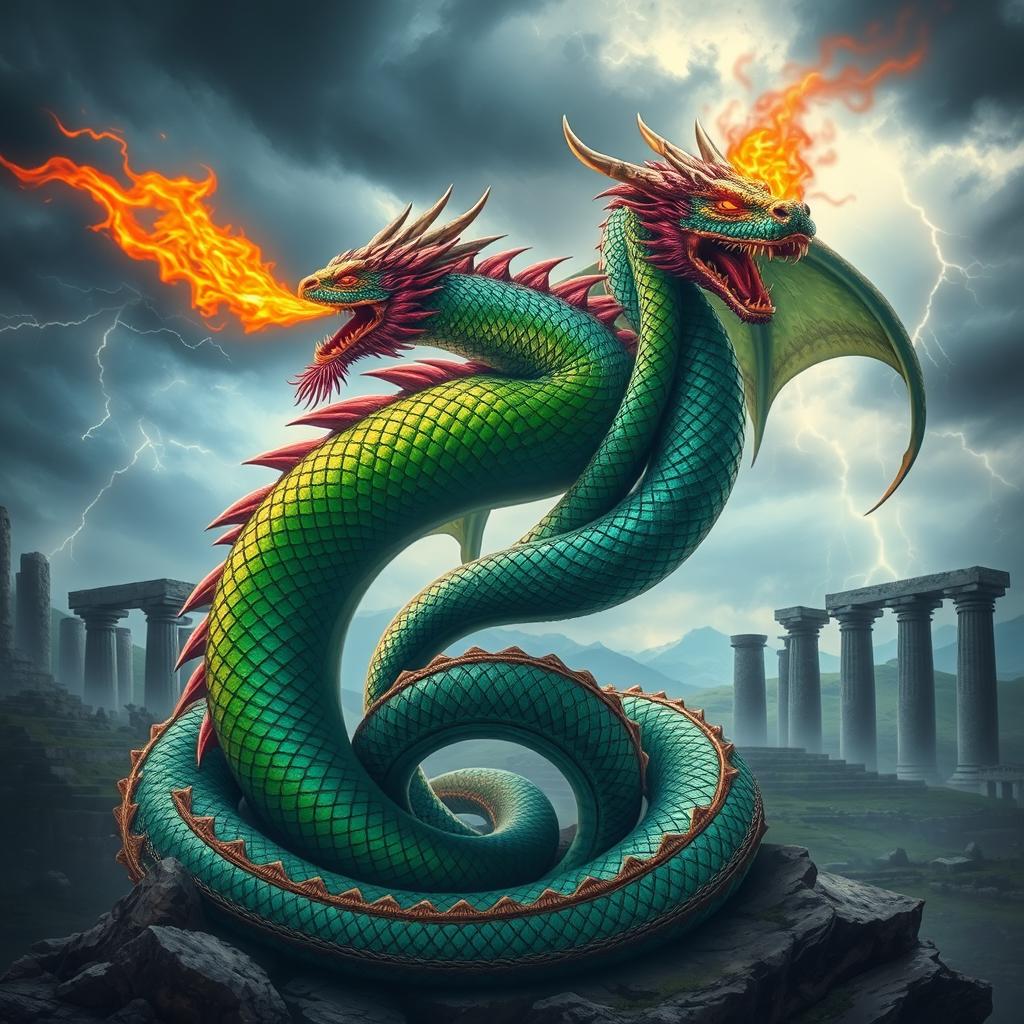 Epic scene of a fierce dragon intertwined with a majestic serpent, showcasing their scales glistening in a jewel-like array of emerald, ruby, and sapphire hues