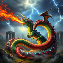 Epic scene of a fierce dragon intertwined with a majestic serpent, showcasing their scales glistening in a jewel-like array of emerald, ruby, and sapphire hues