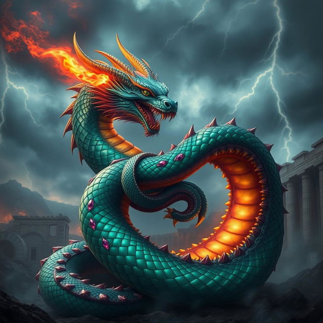 Epic scene of a fierce dragon intertwined with a majestic serpent, showcasing their scales glistening in a jewel-like array of emerald, ruby, and sapphire hues