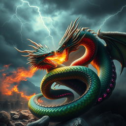 Epic scene of a fierce dragon intertwined with a majestic serpent, showcasing their scales glistening in a jewel-like array of emerald, ruby, and sapphire hues