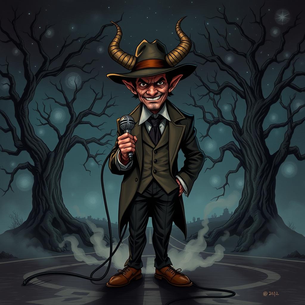 An intriguing D&D illustration featuring a crossroads devil inspired by Tom Waits, complete with a stylish fedora