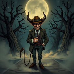 An intriguing D&D illustration featuring a crossroads devil inspired by Tom Waits, complete with a stylish fedora