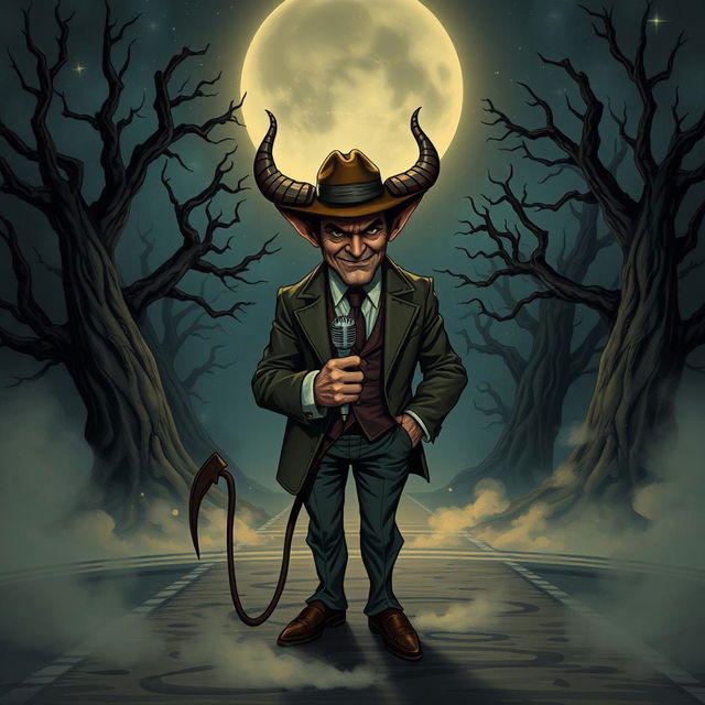 An intriguing D&D illustration featuring a crossroads devil inspired by Tom Waits, complete with a stylish fedora