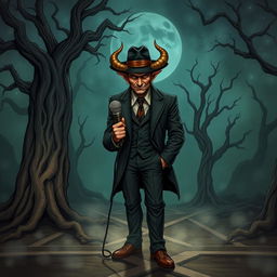 An intriguing D&D illustration featuring a crossroads devil inspired by Tom Waits, complete with a stylish fedora