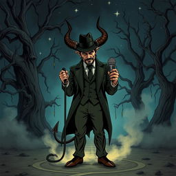 An intriguing D&D illustration featuring a crossroads devil inspired by Tom Waits, complete with a stylish fedora