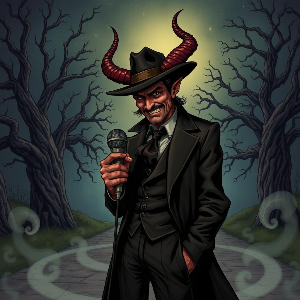 An intriguing D&D illustration featuring a crossroads devil inspired by Tom Waits, complete with a stylish fedora, yet notably without horns