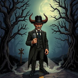 An intriguing D&D illustration featuring a crossroads devil inspired by Tom Waits, complete with a stylish fedora, yet notably without horns