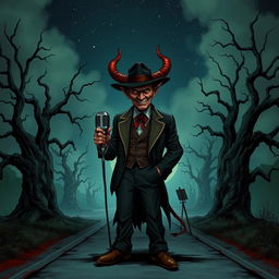 An intriguing D&D illustration featuring a crossroads devil inspired by Tom Waits, complete with a stylish fedora, yet notably without horns