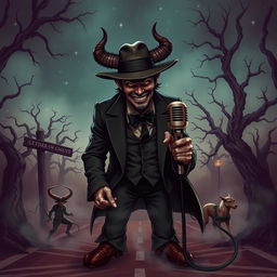 An intriguing D&D illustration featuring a crossroads devil inspired by Tom Waits, complete with a stylish fedora, yet notably without horns