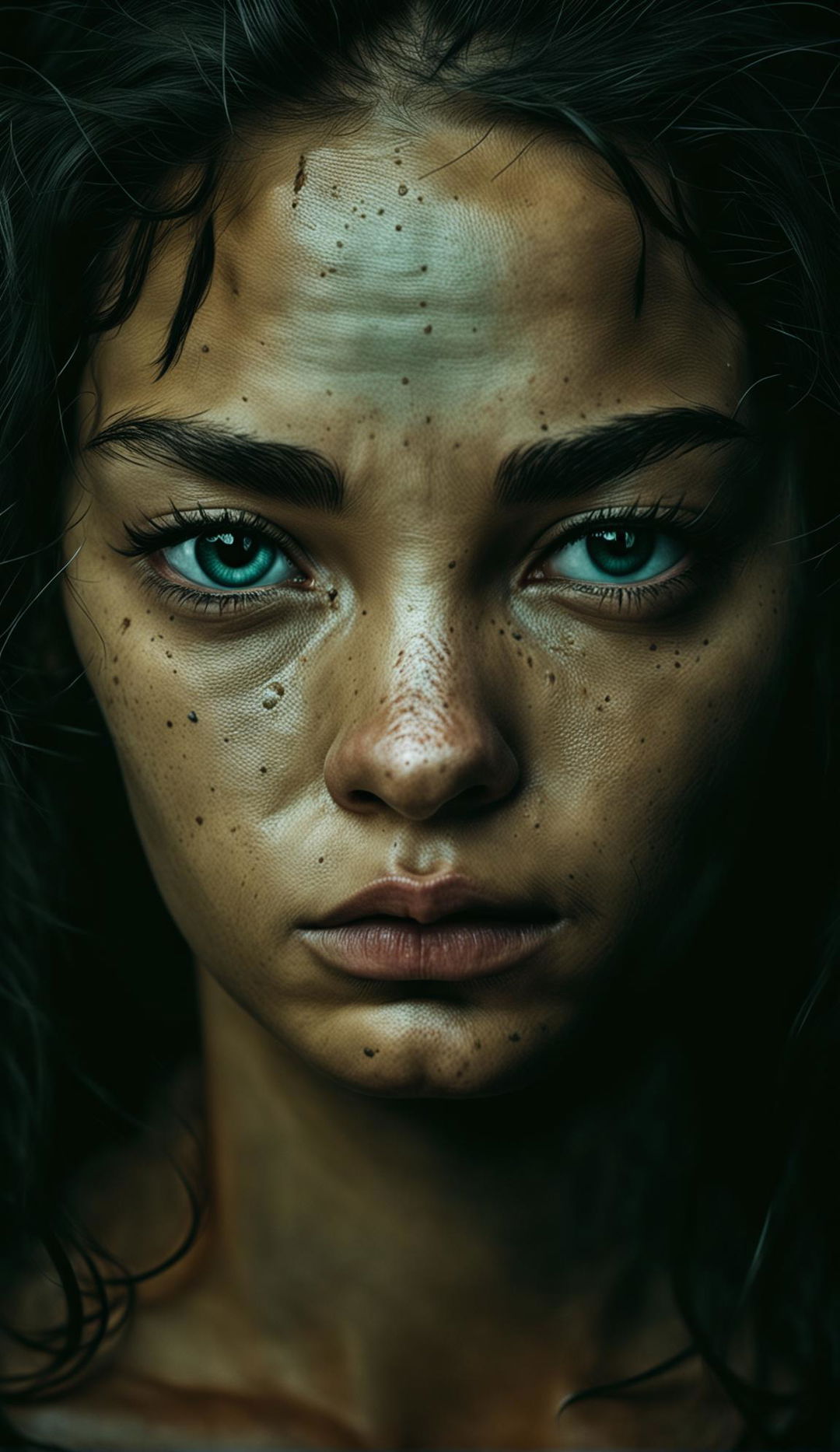 A Yousuf Karsh-style photograph of a 26-year-old woman with a symmetrical face, intense, angry green eyes, highly detailed textured skin with visible pores, thick eyelashes, and detailed hair, captured in a front facial view.