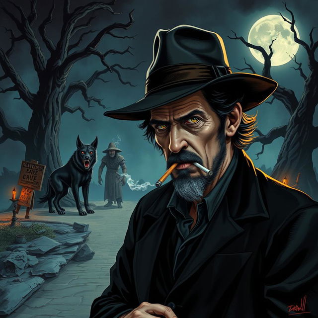 A striking D&D illustration depicting Tom Waits, complete with his signature fedora, casually smoking a cigarette at a mystical crossroads