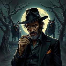 A striking D&D illustration depicting Tom Waits, complete with his signature fedora, casually smoking a cigarette at a mystical crossroads