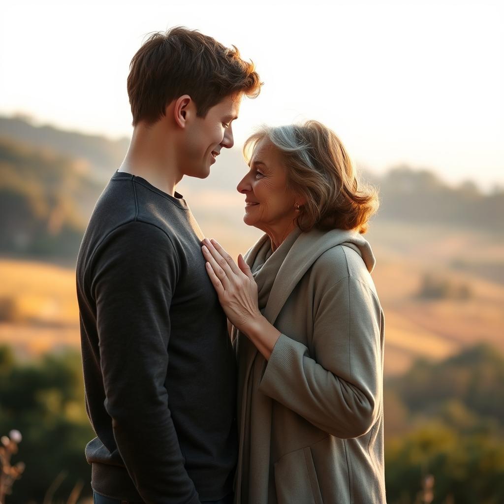 a young adult male and a mature woman sharing a romantic, tender moment in a picturesque setting, highlighting a strong and emotional connection