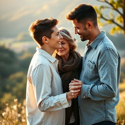 a young adult male and a mature woman sharing a romantic, tender moment in a picturesque setting, highlighting a strong and emotional connection