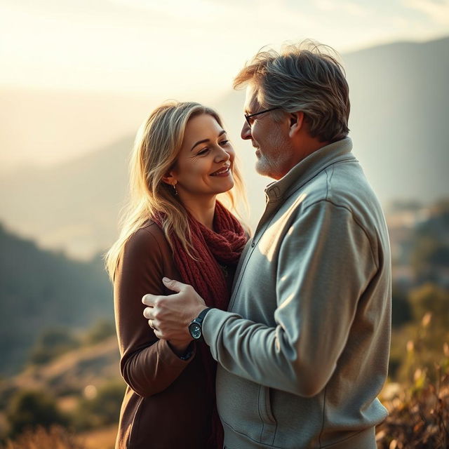 a young adult male and a mature woman sharing a romantic, tender moment in a picturesque setting, highlighting a strong and emotional connection