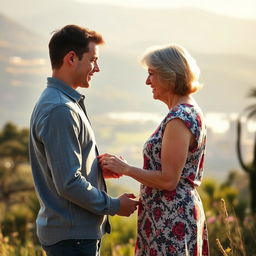 a young adult male and a mature woman sharing a romantic, tender moment in a picturesque setting, highlighting a strong and emotional connection