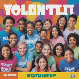 A vibrant and inspiring poster promoting volunteering for NSTP. Featuring energetic youths, diverse characters, bright colors, bold text with the words 'Volunteer for NSTP' and imagery symbolizing community service.