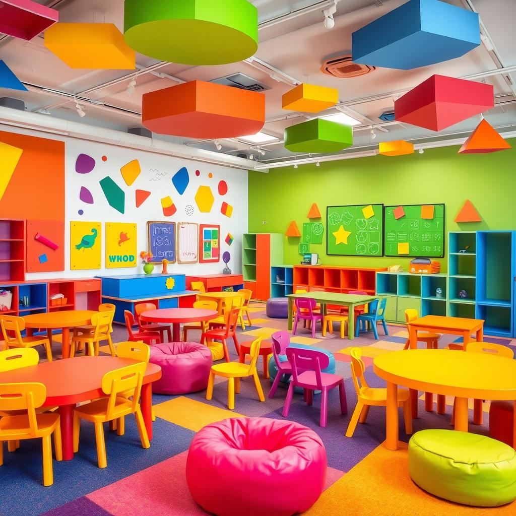 A vibrant children's playroom filled with colorful furniture, interactive wall panels, and geometric shapes