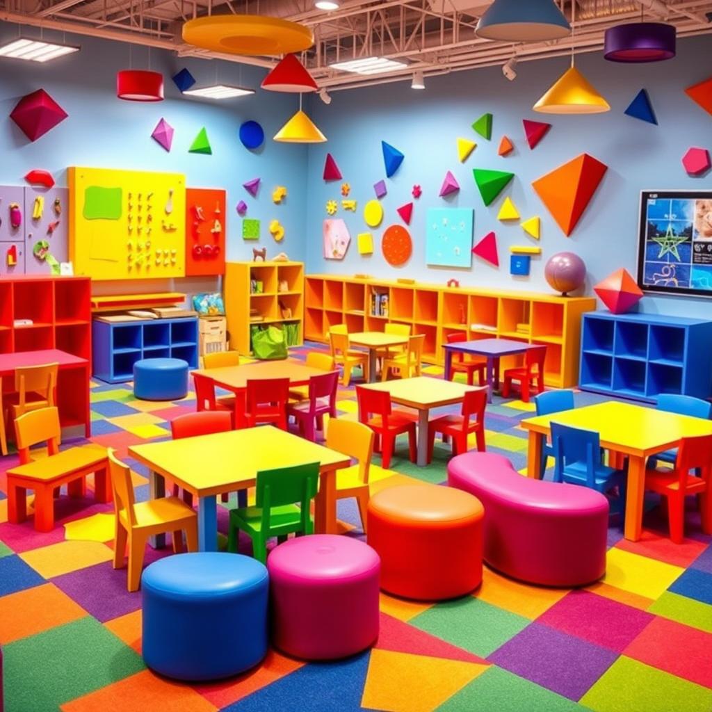 A vibrant children's playroom filled with colorful furniture, interactive wall panels, and geometric shapes