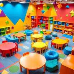 A vibrant children's playroom filled with colorful furniture, interactive wall panels, and geometric shapes